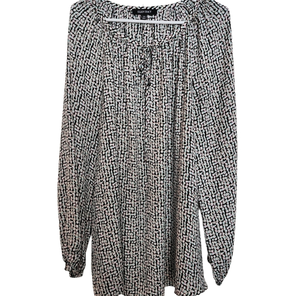 Ellen Tracy black cream print long sleeve blouse SZ 2X